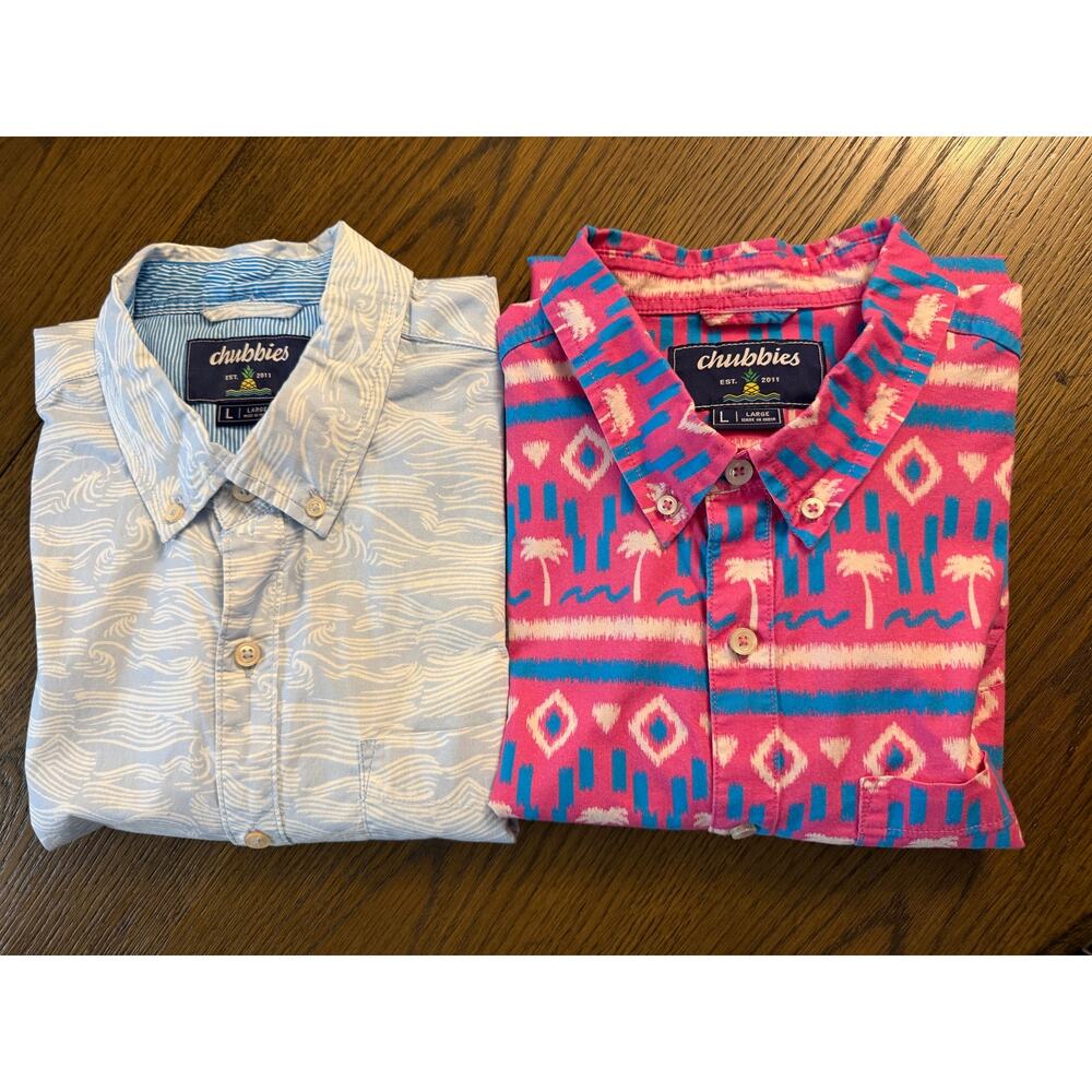Lot of 2 Chubbies Shirt The Ocean Float Friday & Pink Tropical Pink Aztec Sz L